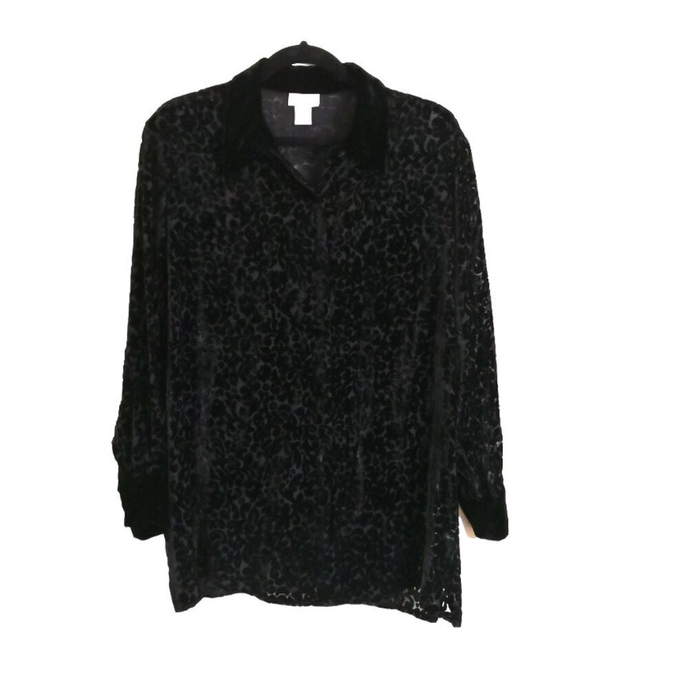 Vintage 90s Deane & White Black Burnout Velvet Oversized Blouse Size M